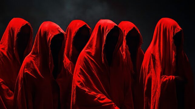 Ceremony of Cultists sect in hood red, dark background. Concept devil cult ceremony, evil rite to hell.