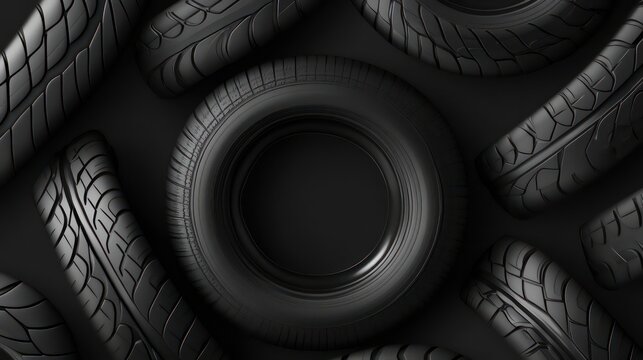 Black car tires arranged in a pattern with a large tire in the center leaving a round space for text.