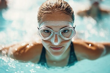 Naklejka premium A woman is relaxing in a swimming pool while wearing goggles, possibly for swimming or diving