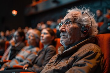 An elderly gentleman sits attentively in a theater, wearing headphones to enhance his experience. Around him, an audience is immersed in the show, enjoying the atmosphere