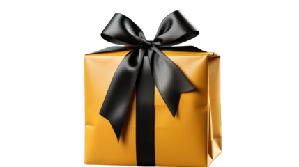 A cheerful yellow gift bag with a black bow, ideal for adding a pop of color to your gift, isolated on transparent background.