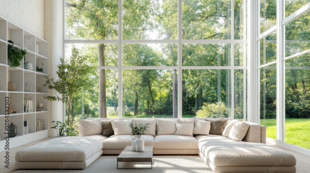 Aufkleber a modern living room features a spacious layout with large windows that open up to a vibrant garden,