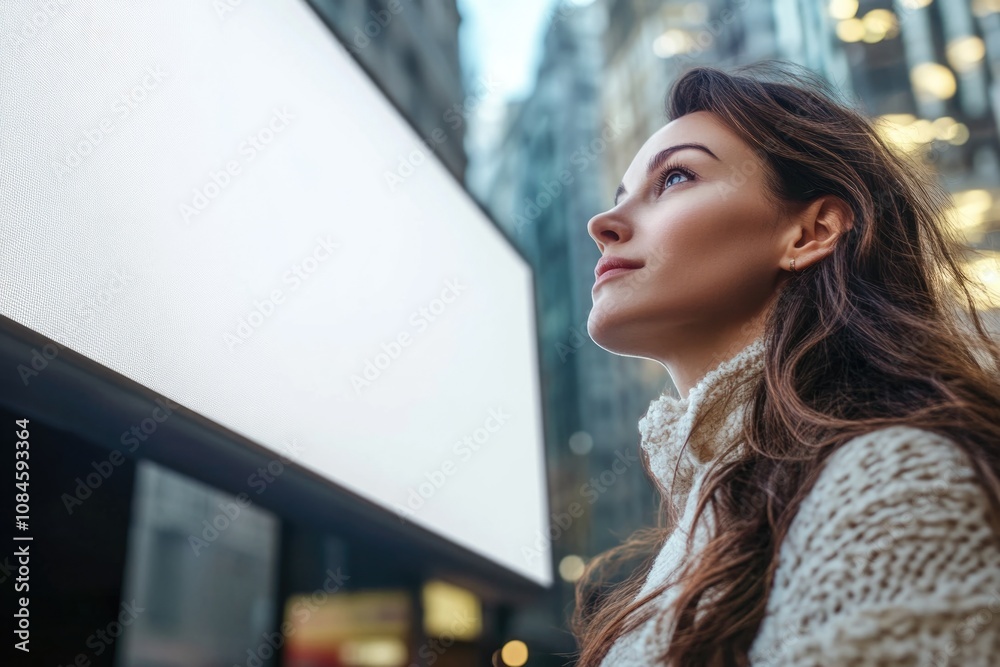 Aufkleber a woman stands in front of a large screen displaying an image or video