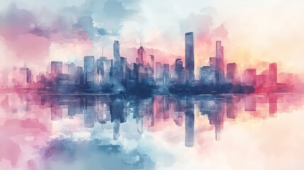 Fototapeta premium Captivating watercolor effect of a city skyline reflected on water with pastel colors, creating a serene cityscape