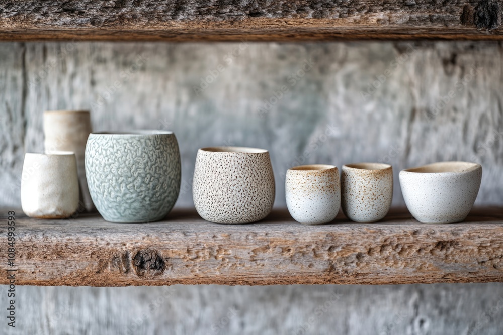 Poster a collection of cups resting on top of a wooden shelf, ready to be used or displayed