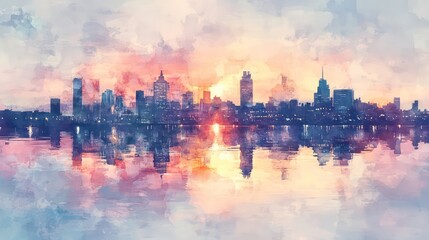 A watercolor painting of a city skyline at sunrise, with the sun reflecting on the water.