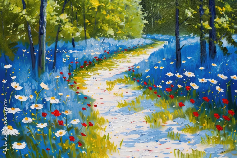 Poster a winding path through a beautiful field of flowers
