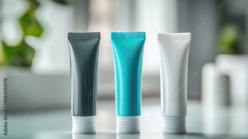 Poster three tubes of toothpaste placed on a table surface