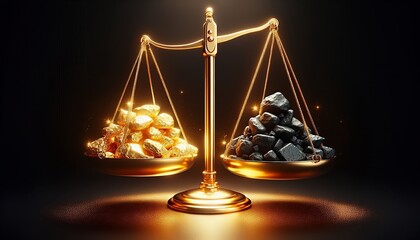 The weight of gold vs. the power of coal: A balance of contrasting resources.