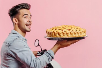 A person holding a plate with a freshly baked pie