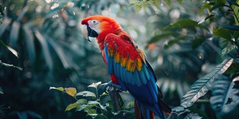 A colorful parrot perches on the top of a tree branch, enjoying the view