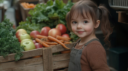 Fototapeta premium Young girl beside a wooden crate of fresh produce at a market