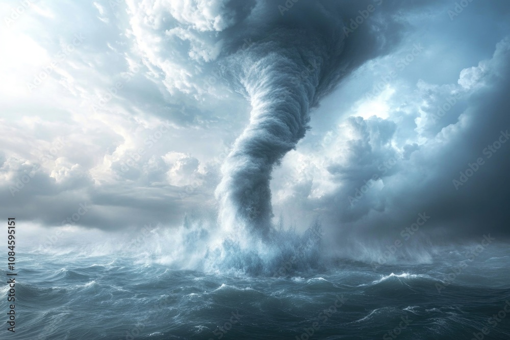 Poster a massive tornado forms over the ocean, with waves and foam swirling around it