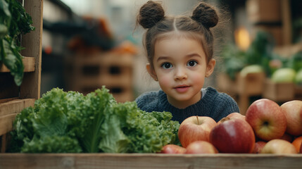 Obraz premium Young girl beside a wooden crate of fresh produce at a market