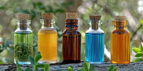 Bottles filled with various colored liquids, great for illustration or graphic design