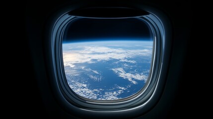 Naklejka premium A view of Earth from an airplane window, showing the blue ocean, white clouds, and a sliver of sunlight.