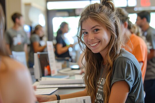 A cheerful student interacts with peers at a campus information center during an orientation event. The atmosphere is vibrant, filled with conversations and excitement from new students