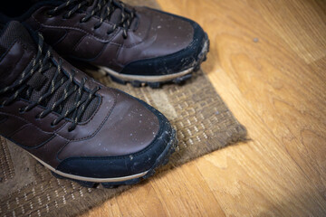 Men's brown winter boots are on the rug in the apartment.Dirt from the street into the apartment.Germs in the house.Dirty shoes.