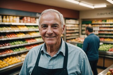 Close portrait of a smiling senior Argentine male grocer standing and looking at the camera, Argentine grocery store blurred background