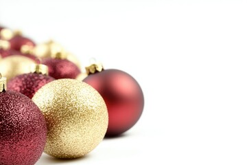 Row of red and gold Christmas ornaments on a table or shelf