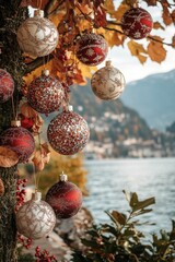 Obraz premium A cluster of colorful ornaments hangs from the branch of a tree, ready for decoration or gift-giving