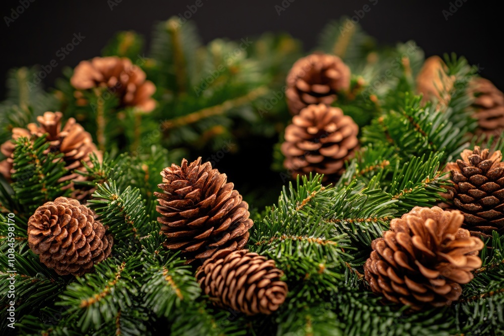 Poster a natural wreath made of pine cones hangs from the branches of a pine tree