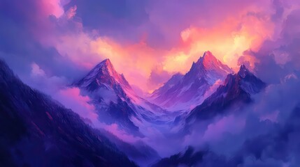 Obraz premium Breathtaking twilight landscape featuring majestic mountain peaks shrouded in ethereal colorful clouds Serene and peaceful atmosphere with a dramatic moody ambiance