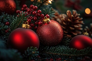 Obraz premium A close-up view of a collection of Christmas ornaments