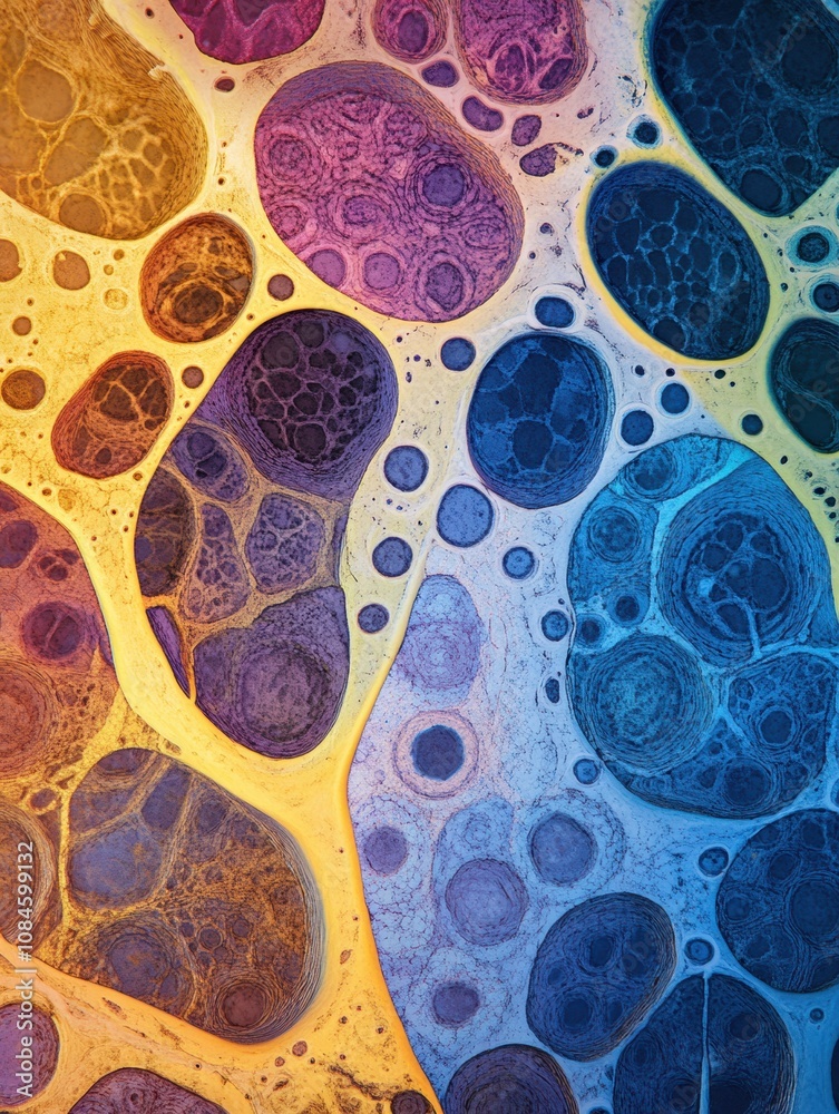 Fototapete cells and structures display vibrant colors and intricate patterns, showcasing life at a microscopic