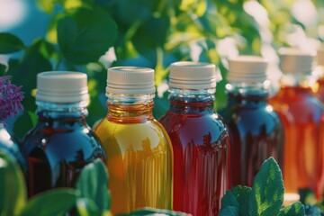 A collection of variously colored liquids in glass bottles