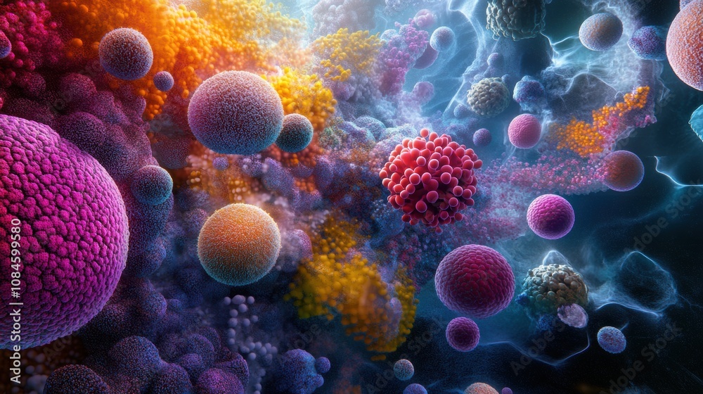 Leinwandbilder A vibrant exploration of diverse cells and structures displaying fascinating patterns under microscopic observation in a laboratory setting. Generative AI