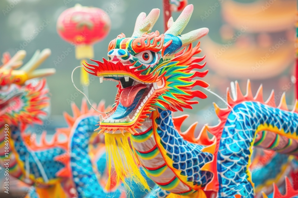 Poster colorful dragon statue stands out in front of a building, making for an eye-catching architectural f