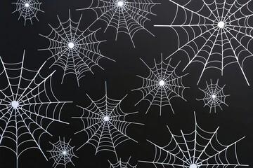 Creepy Black Background with Realistic White Spider Webs for Halloween