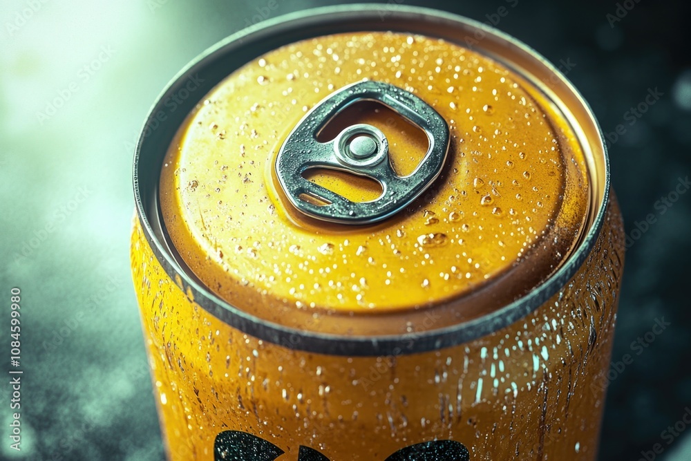 Poster a detailed shot of a soda can's label and design, suitable for use in food or drink-related contexts