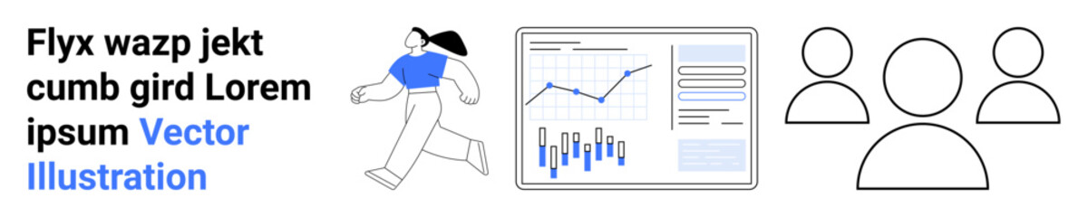 Woman in motion, graphical display of analytics, and team icons. Ideal for business analytics, team collaboration, performance tracking, data visualization, project management, teamwork enhancement