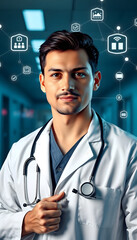 Doctor with stethoscope and white icon medical on hospital background, medical technology network concept isolated with white highlights, png