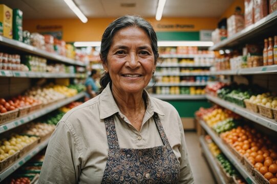 Close portrait of a smiling senior Bolivian female grocer standing and looking at the camera, Bolivian grocery store blurred background