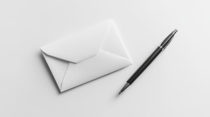 A white envelope and black pen on a white background.