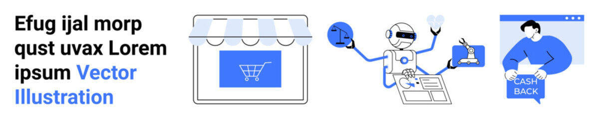 Shopping cart in store frame, robot handling data with laptop and shopping bag, person receiving cashback. Ideal for tech, innovation, e-commerce, automation, cashback, online shopping, retail