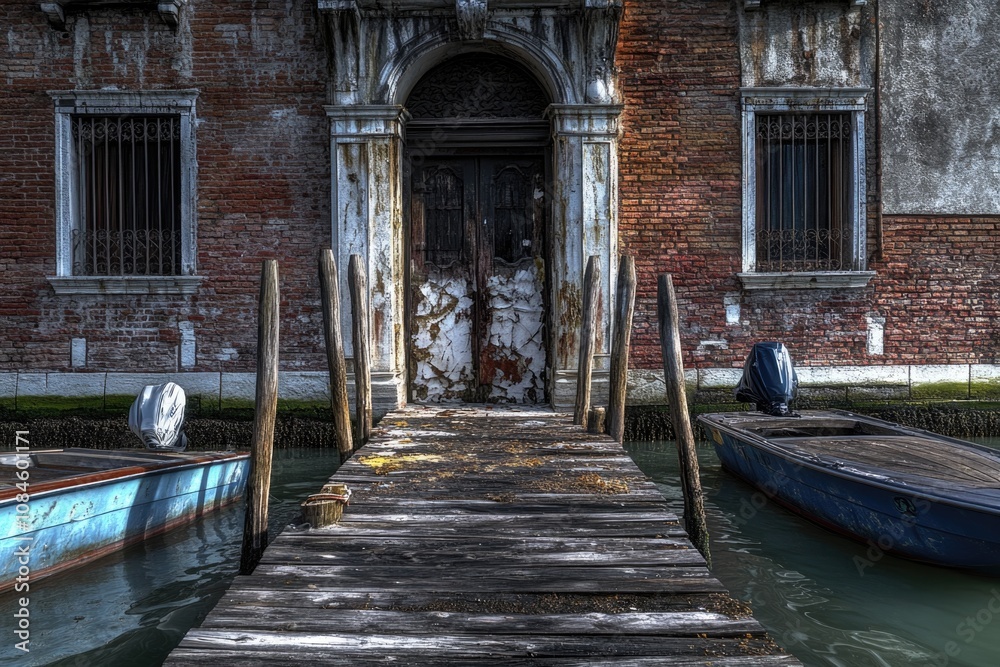Poster a boat is docked in front of a brick building, ideal for use as a background or in scenes with water