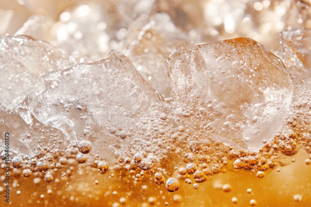 Poster a close-up view of ice cubes in a glass, ideal for illustrations related to cold drinks, temperature