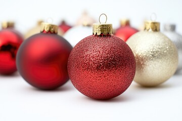 A group of colorful Christmas ornaments on a decorative stand