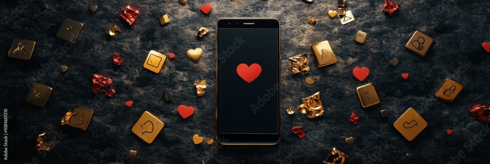 Aufkleber A smartphone with a heart icon stands out, surrounded by colorful notification and interaction symbols scattered across a dark surface. Generative AI
