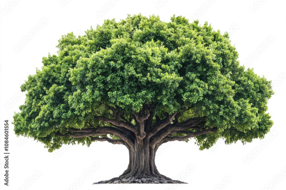 Poster a close-up shot of a large tree with lush green leaves against a white background, ideal for use in 