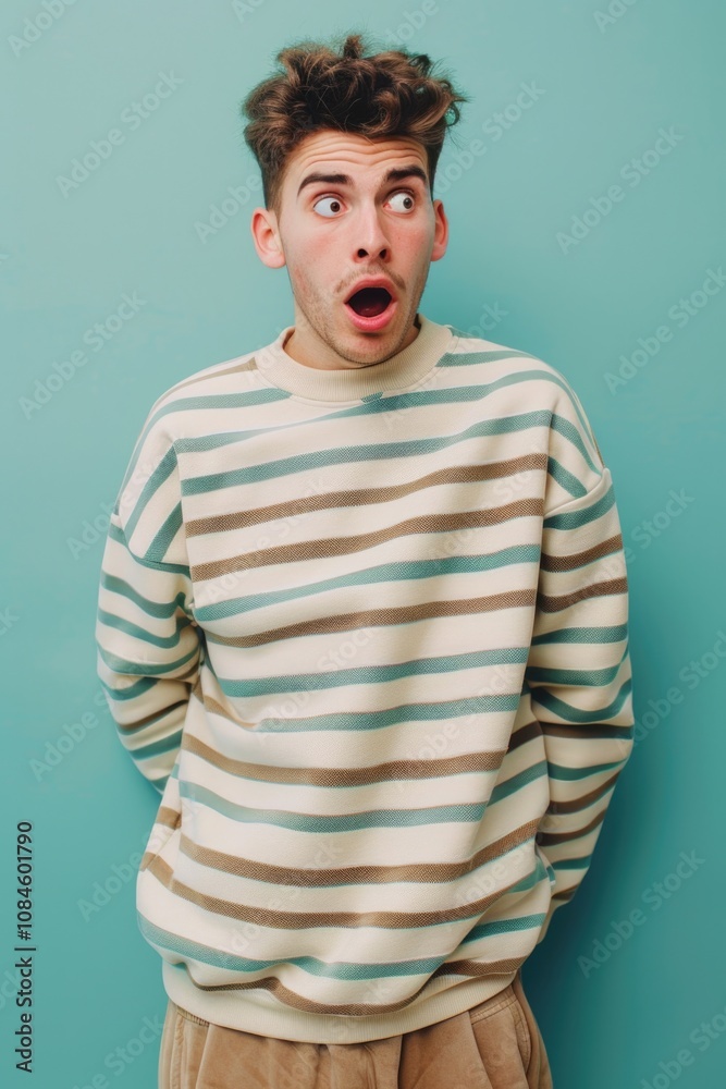 Poster a person showing surprise and shock, suitable for illustrations about unexpected events or reactions