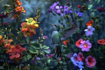 Obraz premium A hummingbird flies through a vibrant flower garden, surrounded by blooming flowers and lush greenery