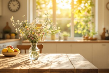 Sunlit Kitchen with Fresh Flower Arrangement and Fruit Bowl on Rustic Table