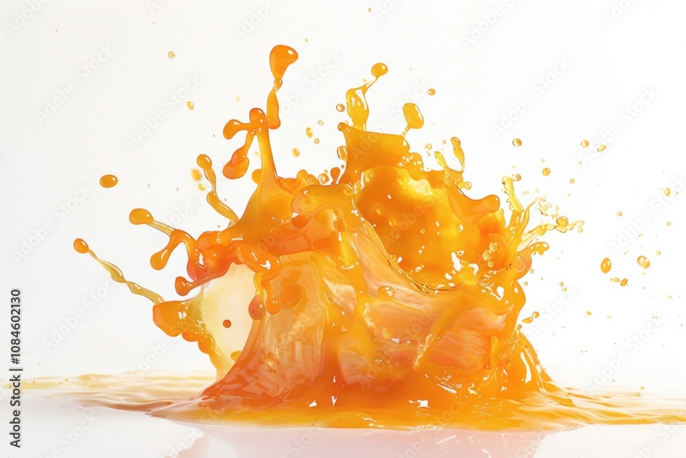 Poster freshly squeezed orange juice splashed on a white surface