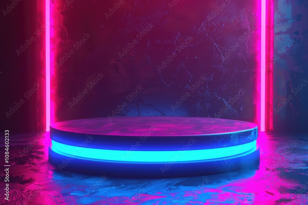 Poster a round table with neon lights in a dark room, useful for crime scene or detective story concept ima