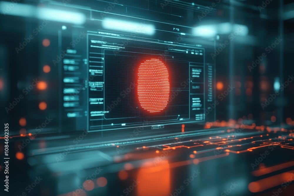 Poster digital fingerprint scanning technology displayed on futuristic interface in a tech environment